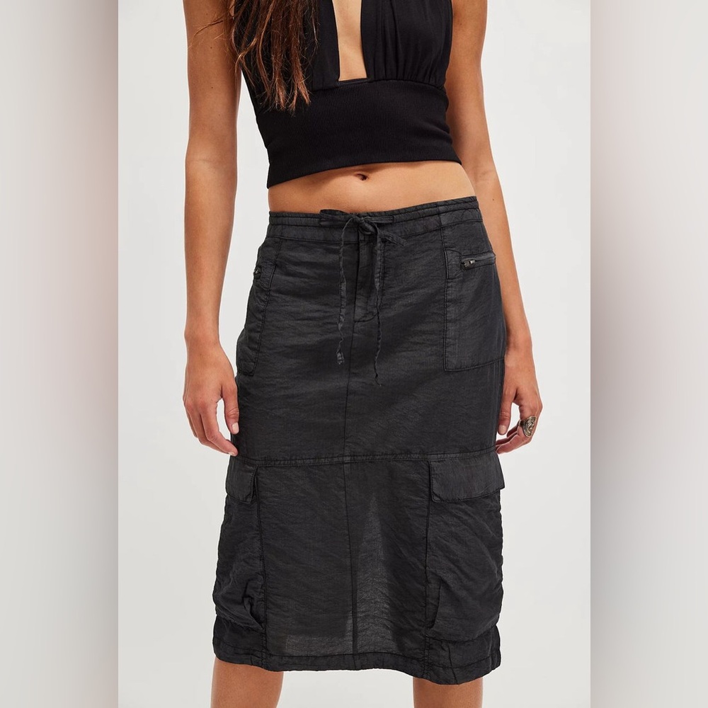Black Utility Midi Skirt with Drawstring Waist